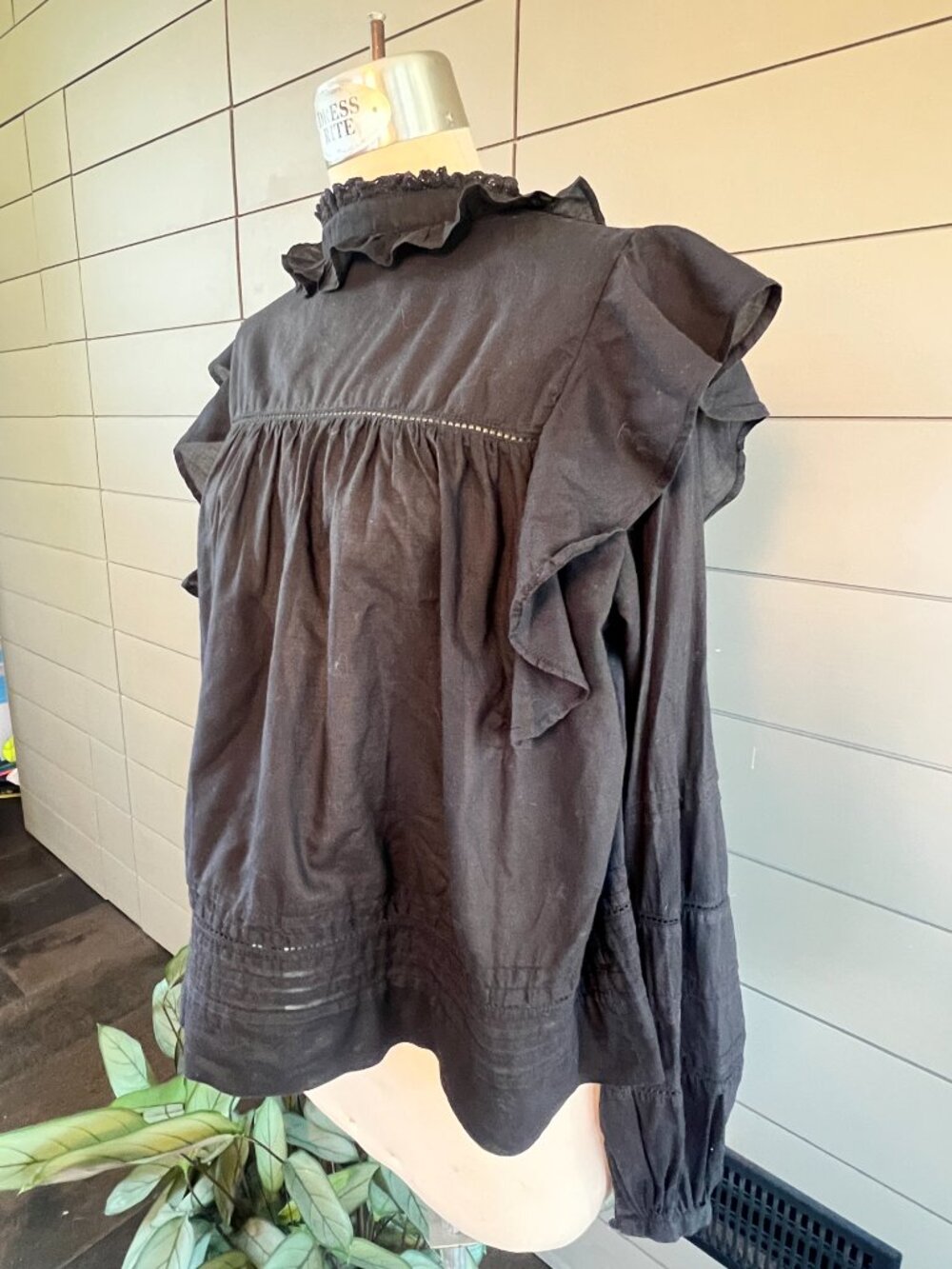 SKALL Studio Black Blouse Long Sleeve with Tie Closure S/M